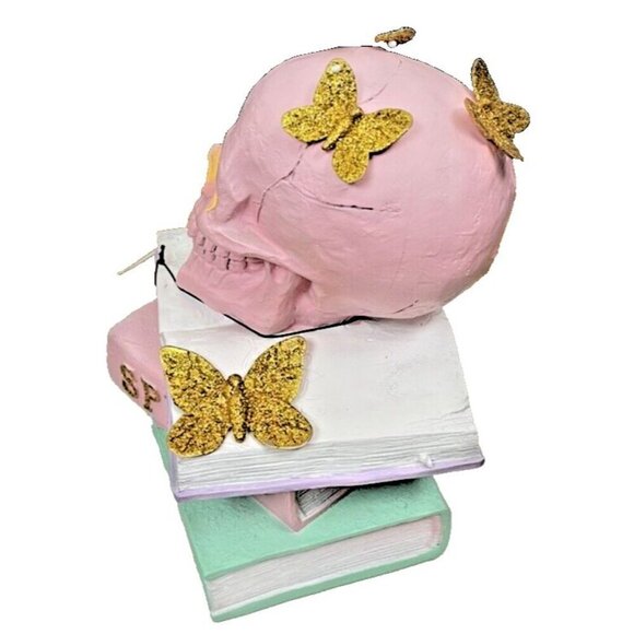 Sweet Street Pink Skull Gold Glitter Butterflies on Spell Books Led Light Statue - Picture 4 of 5